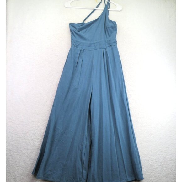 anrabess Pants - ANRABESS Romper Womens Small Blue One Shoulder Linen Blend Smocked Pleated New